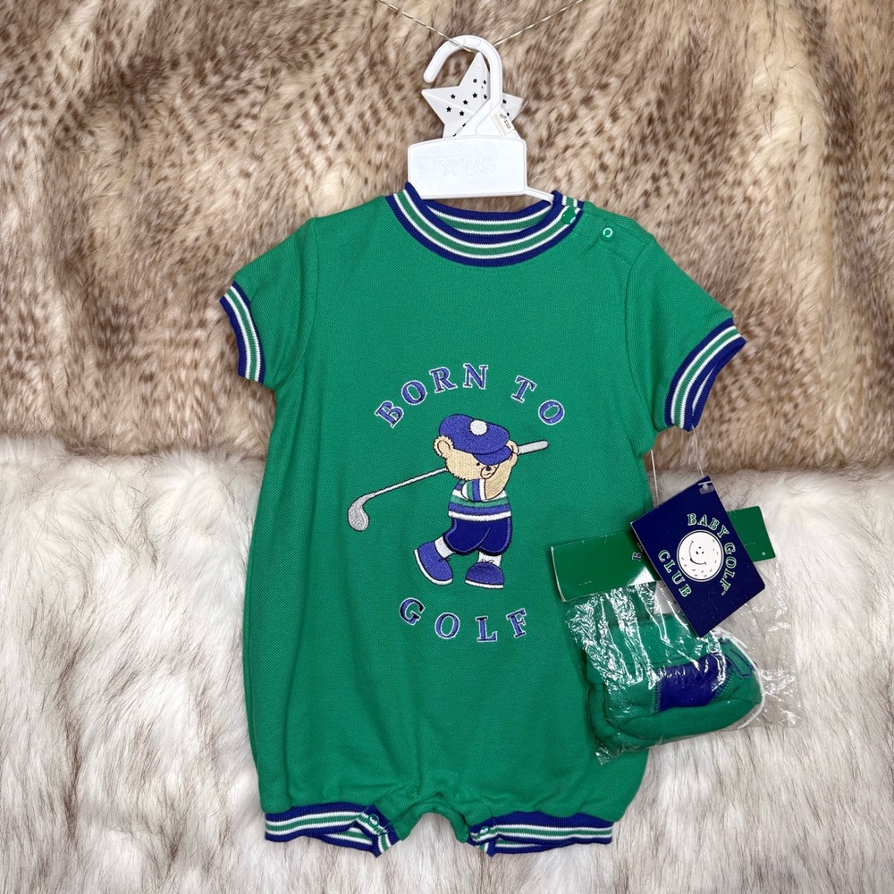 Vintage Y2K 90’s Born to Golf Green One Piece Romper with Matching Booties